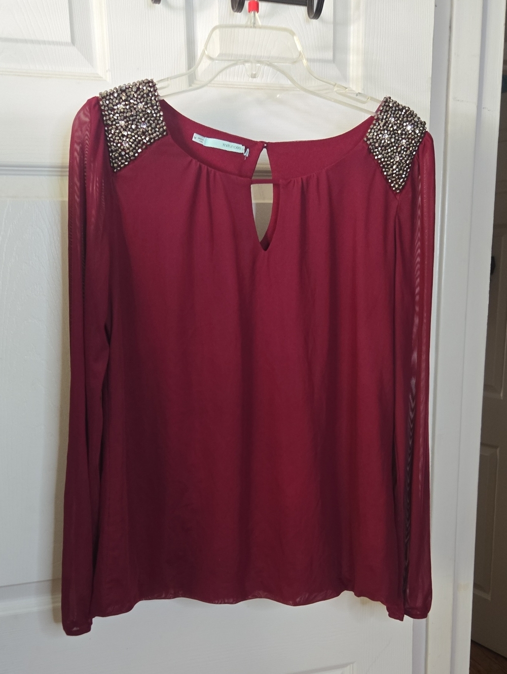 Wine Long-Sleeve Blouse with Jeweled Shoulders